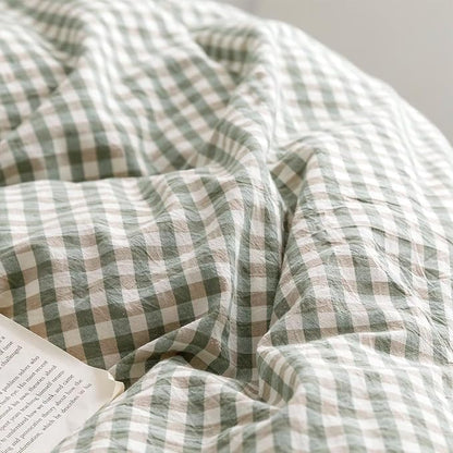 mixinni Green Ruffle Duvet Cover King Size 3 Pieces – 100% Washed Cotton, Vintage Plaid Ruffled Bedding Set with Zipper Ties, Soft Checkered Grid Farmhouse Chic Comforter Cover Set