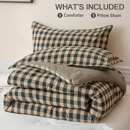 Cyusri Cotton Plaid Twin Comforter Set - Soft Lightweight Bedding 2 Pieces Dyed Bed Set with 1 Pillow Shams,Reversible All Season Farmhouse Down Alternative(Twin Size 68"x90" Dark Green)