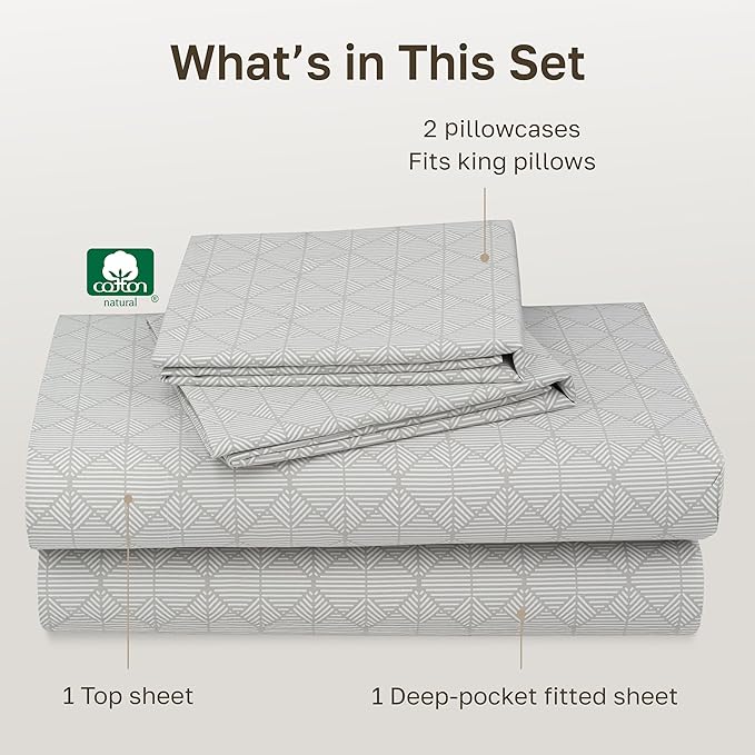 California Design Den Printed King Size Sheets Set - 400 Thread Count, Soft Sateen, Natural 100% Cotton Sheets, Deep Pockets, and Durable Bedding Set - Taupish-Sage Crosshatch