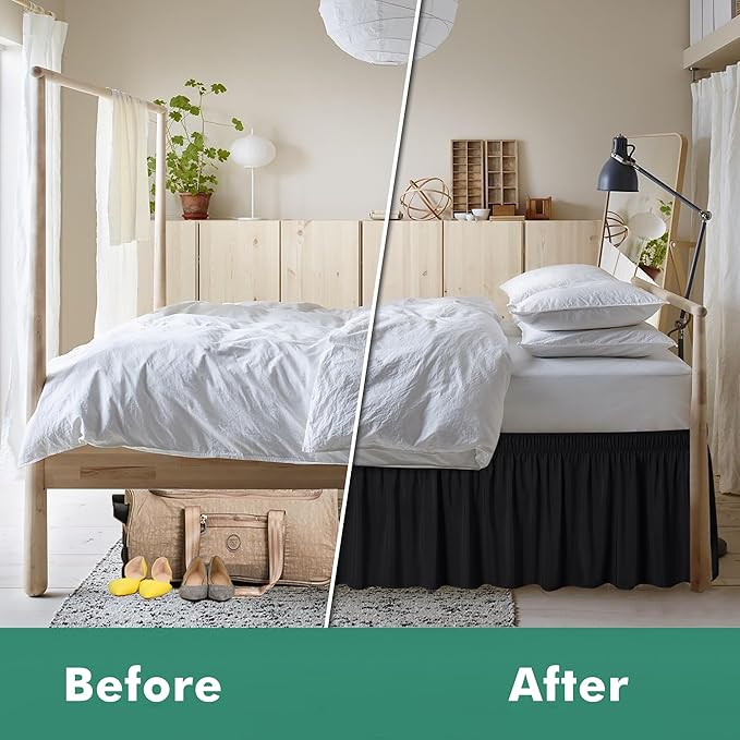 Biscaynebay Wrap Around Bed Skirts with Split Corners for King Beds 16" Drop, Black Elastic Dust Ruffles Adjustable Easy Fit Wrinkle & Fade Resistant Silky Luxurious Fabric Machine Washable