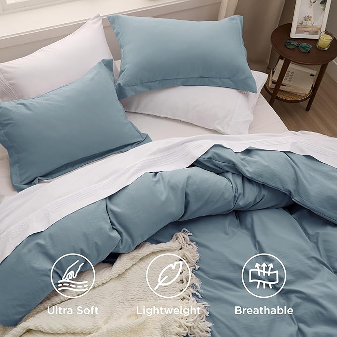 Bedsure Mineral Blue Duvet Cover Full Size - 3 Pieces Prewashed Extra Soft Cotton-Like Polyester Bedding Set, Includes 1 Duvet Cover 80x90 Inches with Zipper Closure & 2 Pillow Shams, No Comforter