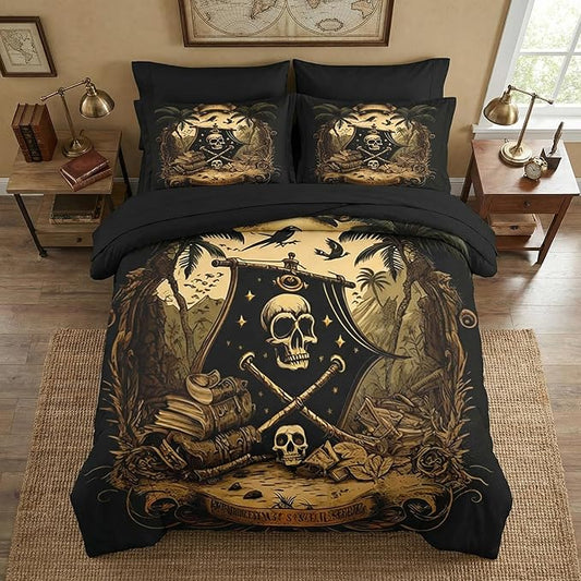 Comforter Set Full Size, Pirate Skeleton 7 Pcs Bedding for Kids and Adults, Halloween Vintage Gothic Bed Sheet Sets with Fitted Sheet 2 Pillowcase & 2 Sham for Bedroom Bed Decor