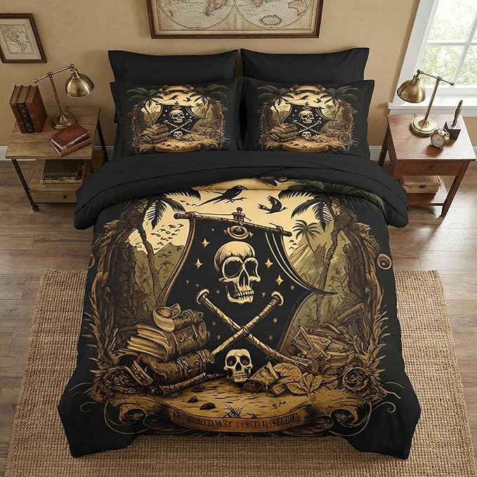 Comforter Set Queen Size, Pirate Skeleton 7 Pcs Bedding for Kids and Adults, Halloween Vintage Gothic Bed Sheet Sets with Fitted Sheet 2 Pillowcase & 2 Sham for Bedroom Bed Decor