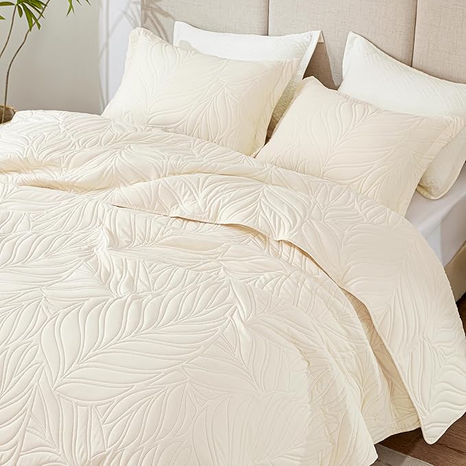 EXQ Home Quilt Set King Size Beige 3 Piece,Lightweight Soft Coverlet Modern Style Leaf Pattern Bedspread Set(1 Quilt,2 Pillow Shams)
