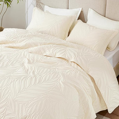 EXQ Home Quilt Set King Size Beige 3 Piece,Lightweight Soft Coverlet Modern Style Leaf Pattern Bedspread Set(1 Quilt,2 Pillow Shams)