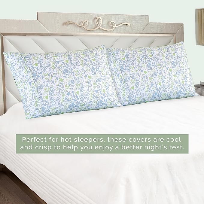 Elegant Comfort Ultra Soft Set of 2 Floral Print Pillowcases - 1500 Premium Hotel Quality Microfiber, Soft and Smooth Envelope Closure 2-Piece Pillow Covers - King, Green Anita