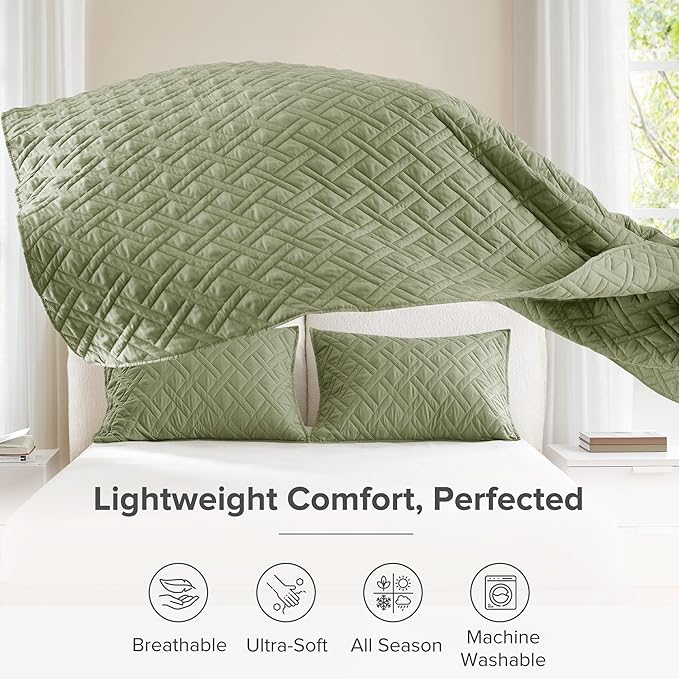 Comfort Spaces King Quilt Set Modern Reversible Diamond Coverlet King Bedding Set Cozy Quilted Winter Layer, All Season Lightweight Soft King Size Quilt, Kienna, Cal King Olive Green 3 Piece