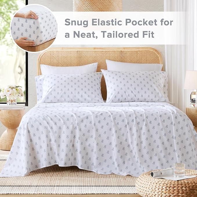 Comfort Spaces 100% Cotton Sheets Cal King, Breathable, Naturally Cool Cotton Sheets, Soft Cotton Bed Sheets with 14" Elastic Pocket Fits up to 16" Mattress, All Seasons Sheet Set, Floral Blue 4 Piece