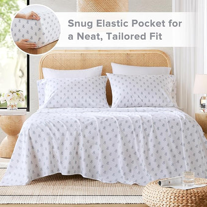 Comfort Spaces 100% Cotton Sheets King, Breathable, Naturally Cool Cotton Sheets, Soft Cotton Bed Sheets with 14" Elastic Pocket Fits up to 16" Mattress, All Seasons Sheet Set, Floral Blue 4 Piece