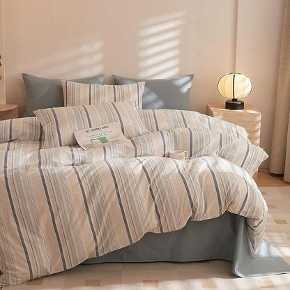 Blue Striped Duvet Cover Set Full, 100% Washed Cotton Stripes Pattern Printed Bedding Set, 3 Pieces Blue White Striped Comforter Cover with 2 Pillowcases, Minimalist Soft Breathable Duvet Cover Full