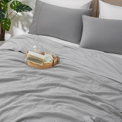 Amélie Home Waffle Cooling Comforter Queen Size, Q-Max 0.45 Reversible Lightweight Cooling Blanket for Hot Sleepers, Breathable Bedding for Night Sweats, 90"x90", Cool Gray
