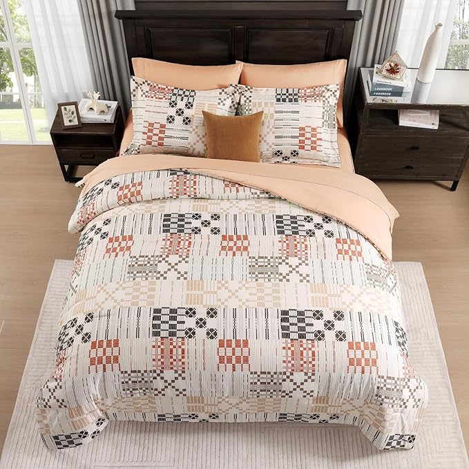 MaiRêve Plaid Twin XL Comforter Set, Farmhouse Bedding Sets for Boys Girls Teen 5 Pieces, Beige All Season Bed in A Bag for Dorm with Sheets, Pillowcase & Sham