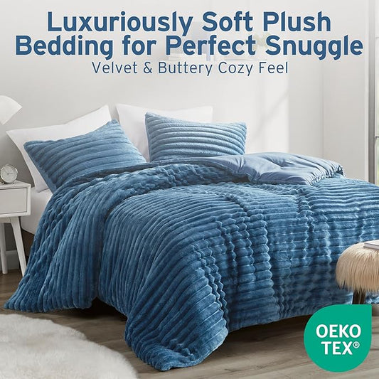 Intelligent Design Queen Comforter Set, Cozy Plush Bedding, Microfiber Reverse, 3 Piece, Lightweight, Super Soft Ribbed Velvet Comforter 2 Shams, All Season Fluffy Bed Set, Avril, Full/Queen Blue