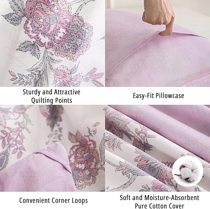 Pink Floral Cotton Comforter Queen Size 3PC - Vintage Romantic Botanical on Soft White with Smoky Pink Floral Reverse – Cozy Reversible Lightweight Comforter Set with Soft Fill(90"×90")