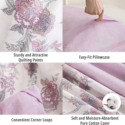 Pink Floral Cotton Comforter Queen Size 3PC - Vintage Romantic Botanical on Soft White with Smoky Pink Floral Reverse – Cozy Reversible Lightweight Comforter Set with Soft Fill(90"×90")