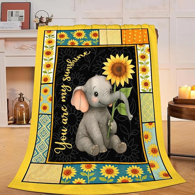Elephant Blanket Super Soft Warm Fluffy Fleece Flannel Sunflower Animal Throw Blanket Cozy Fuzzy Plush Stuff Bedding Blankets Gifts for Women Kids Boys Girls Adults 80"X60"