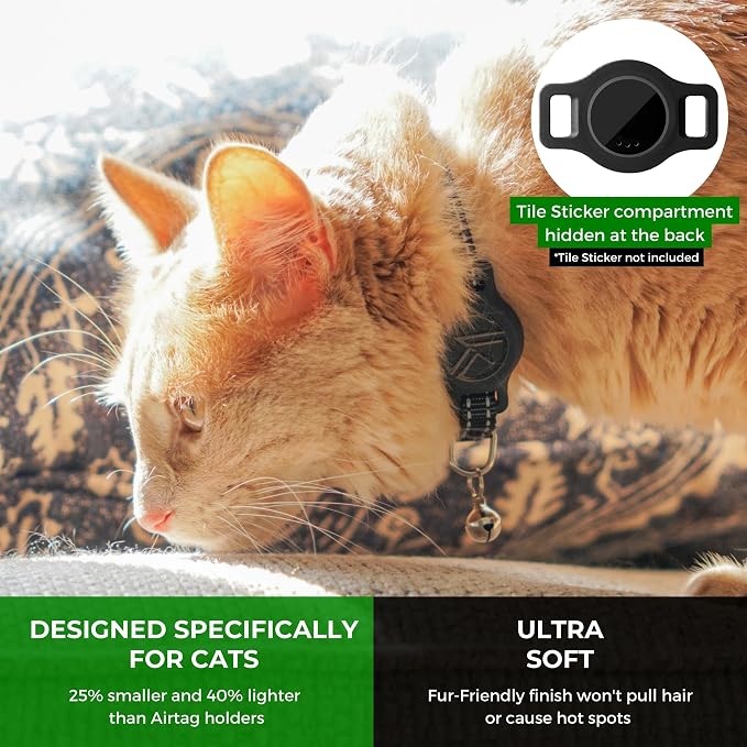 Tile Sticker Holder Cat Tracking Collar (2024) - Breakaway, Reflective Kitten Collar with Bell and Holding Case for Tile by Life360 (Pink)