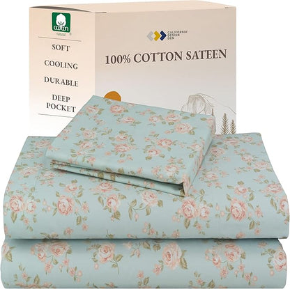 California Design Den Rose Sheet Set Twin, 100% Cotton 12" Pocket Twin Sheets & Pillowcase Set, Soft Sateen Weave - Vintage Rose