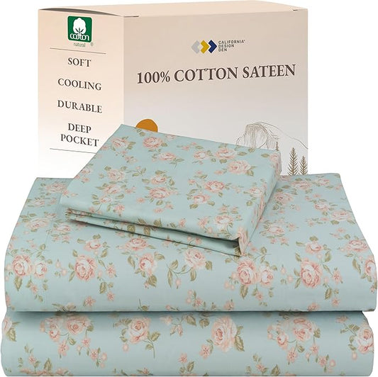 California Design Den Rose Sheet Set Twin, 100% Cotton 12" Pocket Twin Sheets & Pillowcase Set, Soft Sateen Weave - Vintage Rose