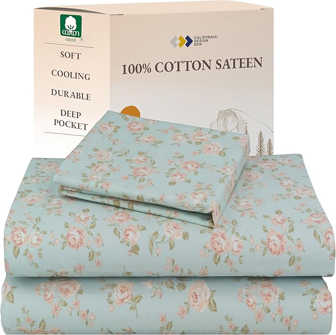 California Design Den Rose Sheet Set Twin XL, 100% Cotton 12" Pocket Twin XL Sheets & Pillowcase Set, Soft Sateen Weave - Vintage Rose