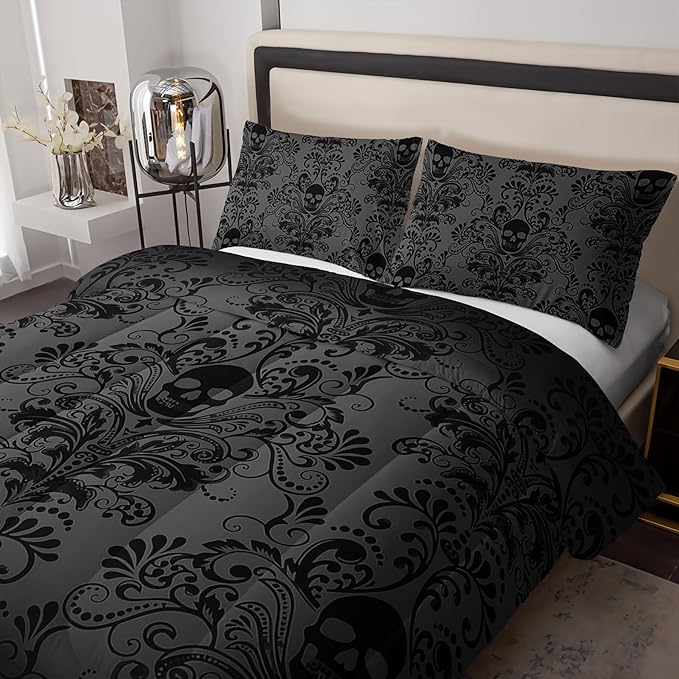 Skull Bedding Set Queen Size,Goth Bedding Sets Queen with Comforter,Skull Comforter Set,Bohemian Bedding Queen Comforter Set,Gothic Bedding Decor Queen Comforter Set Western Boho Hippie