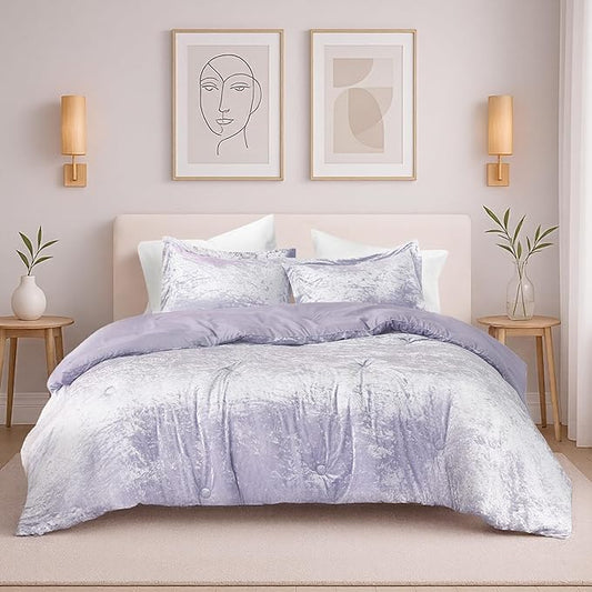 Comfort Spaces Juliette Purple Comforter Set Velvet Lush with Soft Brushed Microfiber Reverse, All Season Cozy Velvet Lavender Bedding Sets, Fluffy Comforter Bed Set, Matching Sham, Full/Queen 3 Piece