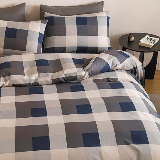 CLOTHKNOW Blue Plaid Comforter Set Twin Gingham Bedding Comforter Sets Soft Buffalo Geometric Comforter Twin Sets