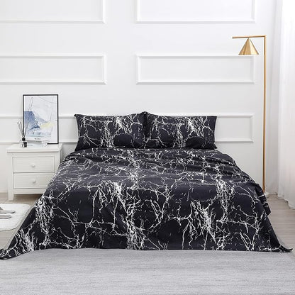 Best Season Bed Sheet Set 4 Pieces -Full Size-Soft Durable Microfiber Bedding Sheet Set,Deep Pocket,Stain,Fade & Wrinkle Resistant(Black Marble)