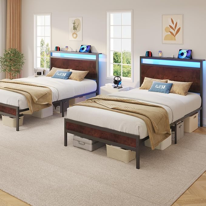 Fluest Twin Bed Frame with Headboard & Footboard, Twin Bed Frame with Charging Station & LED Light, Under-Bed-Storage, No Box Spring Needed, Noise Free, Easy Assembly, Coffee Brown