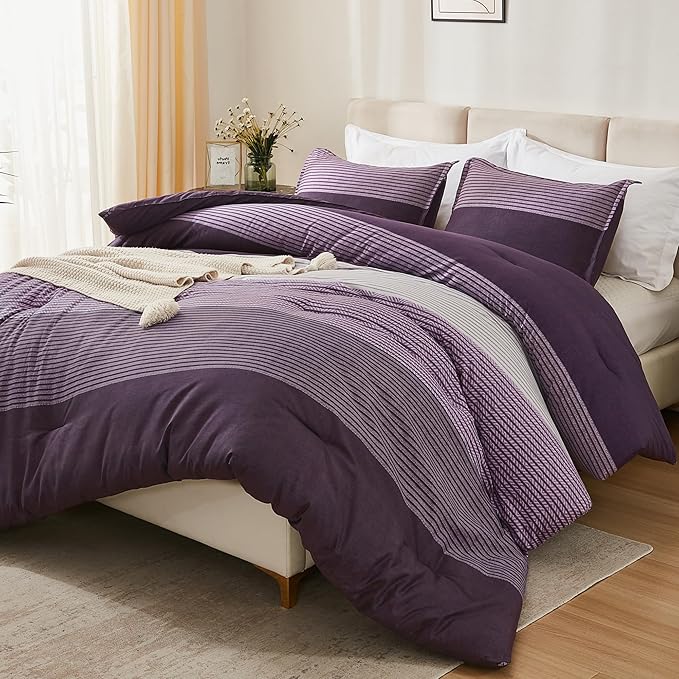 Litanika Purple Full Comforter Set, 3 Pieces Striped Bedding Set, Lightweight Soft All Season Down Alternative Comforter Set with Corner Loops (1 Gray&Purple Comforter, 2 Pillowcases)