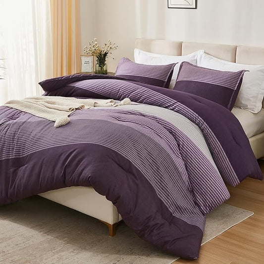 Litanika Purple Comforter Set Oversized King - 3 Pieces Lightweight Gray Purple Colorblock Stripe Fluffy Bedding Comforter Sets, All Season Bed Set