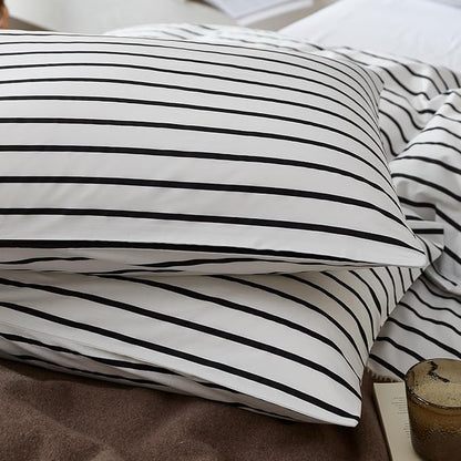 JELLYMONI 100% Natural Cotton 3pcs Striped Duvet Cover Sets, White Duvet Cover with Thick Black Stripes Pattern Printed Comforter Cover, with Zipper Closure & Corner Ties(Full Size)