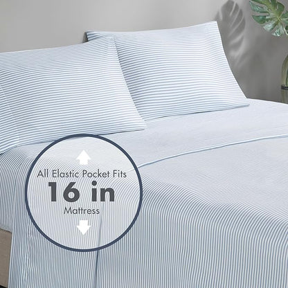 Madison Park Essentials Jaxon Bed in a Bag Comforter Set with Sheet, Printed Stripe Design, Modern All Season Bedding and Matching Sham, California King Blue/Grey 7 Piece
