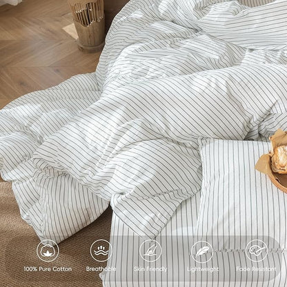 MooMee Striped Duvet Cover Set 100% Washed Cotton Linen Like Textured Breathable Durable Soft Comfy (White Heathered Green Wide Stripes, Twin 68"x90")