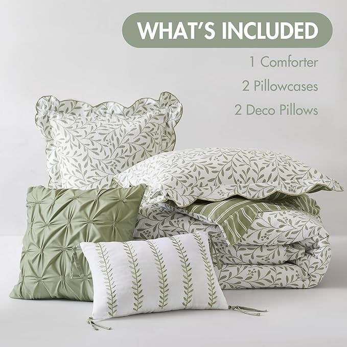 Madison Park 5-Piece Reversible Botanical Comforter Set - Summer Floral Print with Scalloped Edges, Lightweight Bedding with Decorative Pillows, King, Sage Green | Reversible, Lightweight