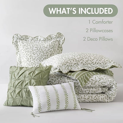 Madison Park 5-Piece Reversible Botanical Comforter Set - Summer Floral Print with Scalloped Edges, Lightweight Bedding with Decorative Pillows, Queen, Market Green | Reversible, Lightweight