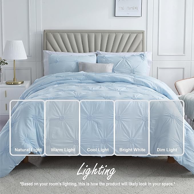 Swift Home Full/Queen Baby Blue Comforter Set - Ruched 3D Floral Pintuck Bedding Set - 2 Pieces Bed Linen, 1 Comforter and 1 Pillow Sham