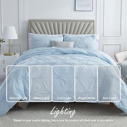 Swift Home King Baby Blue Comforter Set - Ruched 3D Floral Pintuck Bedding Set - 3 Pieces Bed Linen, 1 Comforter and 2 Pillow Shams