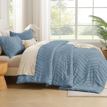 Andency Greyish Blue California King Comforter Set, Boho Cal King Soft Warm Tufted Neutral Bedding Comforter Sets, 3 Pieces Cali King Aesthetic Chevron Farmhouse Cute Bohemian Textured Bedding Set