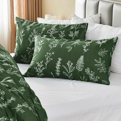 MUXHOMO Duvet Cover Queen Size, Reversible Floral Dark Green Duvet Cover Set with Zipper Closure, 3 Pieces Botanical Patterns Soft Microfiber Bedding Set with 4 Ties (90"x90", 2 Pillow Cases)