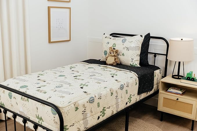 Beddy's Adventure & Wildlife Theme Durable Zipper Bedding for Kids, Bed in a Bag, Cream Comforter & Charcoal Sheets with Outdoor Explorer Design, Includes Pillowcase & Pillow Sham, Easy to Make & Wash