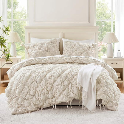 Intelligent Design Queen Comforter Set – Ivory Lily Puffy Floral Shabby Chic Boho Bedding Comforter Set, Pinch Pleat Bedding Sets, Ultra-Soft, Lightweight & All-Season, Full/Queen
