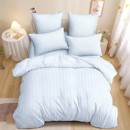 Nayoroom Blue Striped Comforter Set Queen Size White Stripe Comforter 3 Pieces Girls Soft Lightweight Pinstripe Dorm Bedding Set for All Seasons