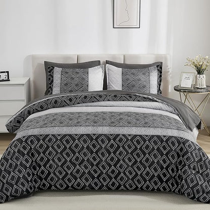 Dinjoy Black/Gray King Size Comforter Set, Warm Boho Bed in a Bag King 7 Pieces Fall Striped Bedding Mens Comforters Sets Patchwork Bed Sets Complete Decor for Women Winter