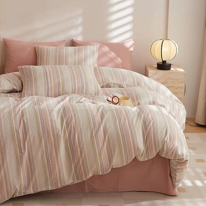 HighBuy King Comforter Set Fluffy White and Pink Striped Bedding Stripes Comforter Set Modern Chic Geometric Comforter with 2 Pillow Shams Stripe Bedding Comforter for Boys Girls All Season