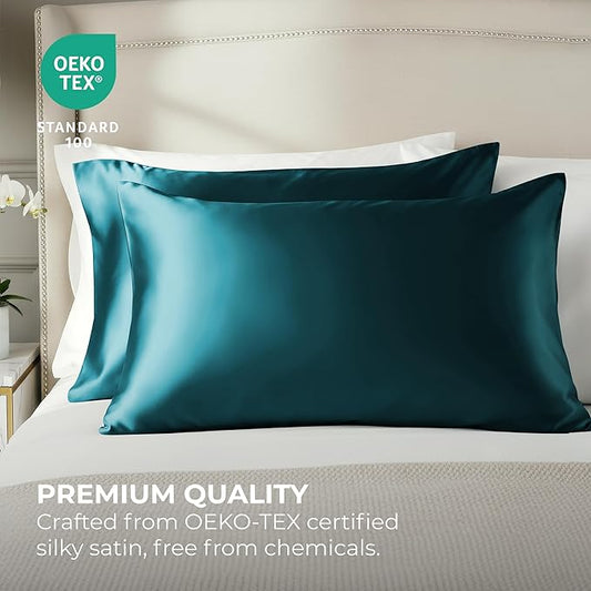 Pure Bedding Satin Pillowcase 2 Pack - King Size (20"x40", Teal) - Silky Pillow Cases for Hair and Skin - Satin Pillow Covers with Envelope Closure - Extra Soft Premium Microfiber