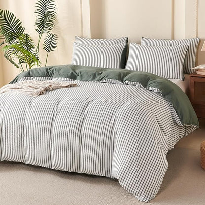 Comforter Set King Size Green Soft Luxury Washed Microfiber Jacquard 3 Pieces Bedding Set, White Green Vertical Ticking Stripes Pattern Comforter with 2 Pillowcases Breathable Durable Comfy