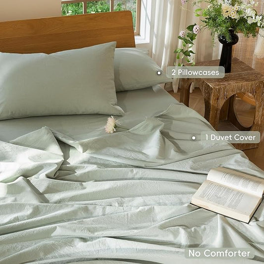 MooMee Bedding Duvet Cover Set 100% Washed Cotton Linen Like Textured Breathable Durable Soft Comfy (Heathered Sage Green, Palatial King/Oversized King 120"x98")