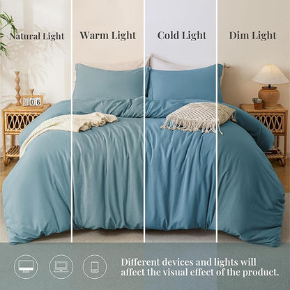 MILDLY Super Soft Duvet Cover - 100% Washed Microfiber Grayish Blue Comforter Cover Set 3 Pieces with Zipper Closure & Corner Ties (No Comforter)