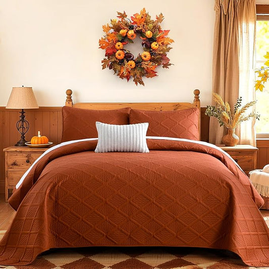 Yiran Burnt Orange Fall Quilt Set King Size Bedding Set Lightweight Bedspreads 3 Piece Soft Microfiber Terracotta Diamond Pattern Bed Coverlet for All Season with 2 Pillow Shams (106x96 Inch)